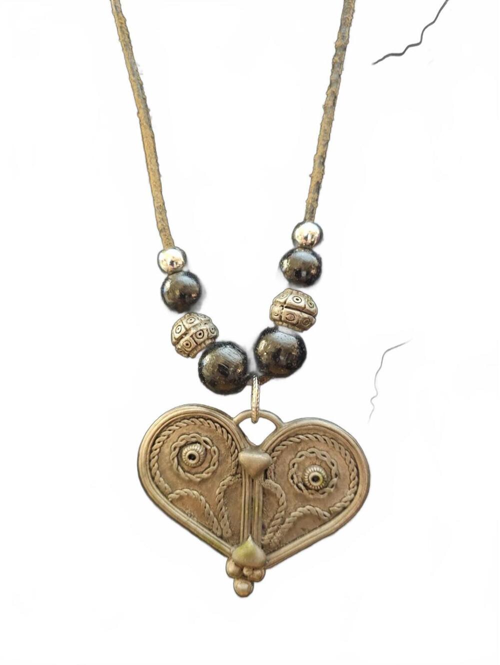 Boho Tribal Silver Tone Heart Pendant Beaded Cord Necklace 24" 2.25" Pendant